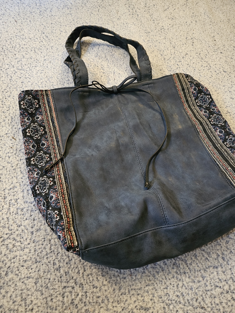 Boho-Trim Navy Suede Tote Bag